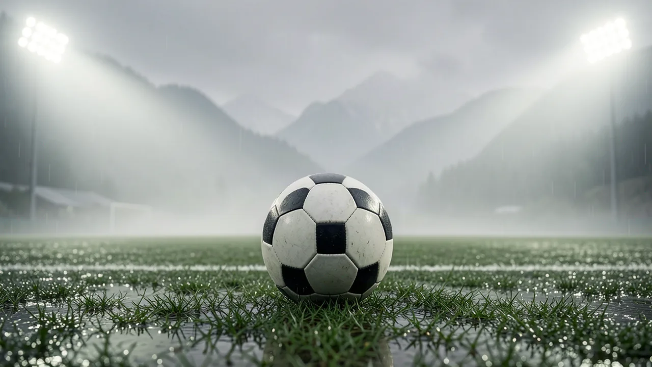 Colinas verdes da Serra Gaúcha sob céu claro, com um pequeno campo de futebol no vale