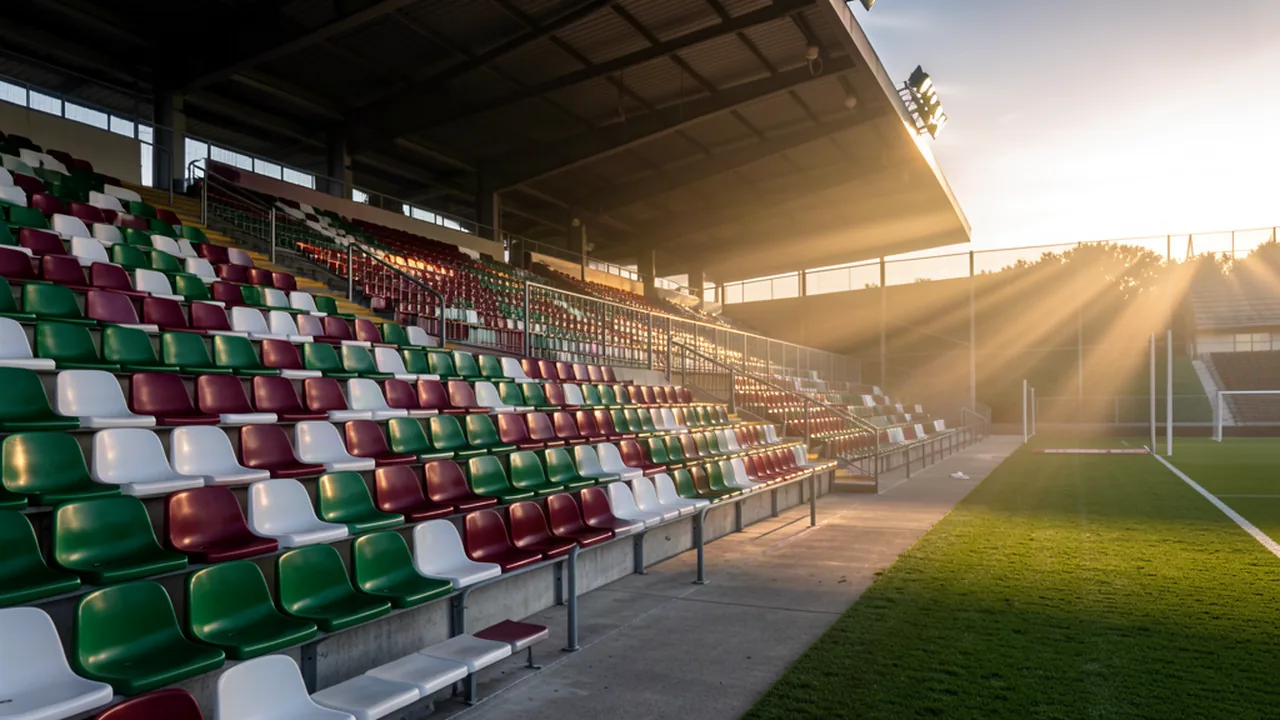 Catracas antigas de madeira pintadas em cores vivas na entrada de um estádio, dia ensolarado