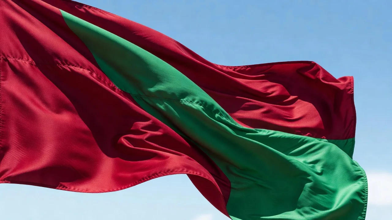 Tecido de bandeira grená e verde ondulando ao vento contra o céu claro