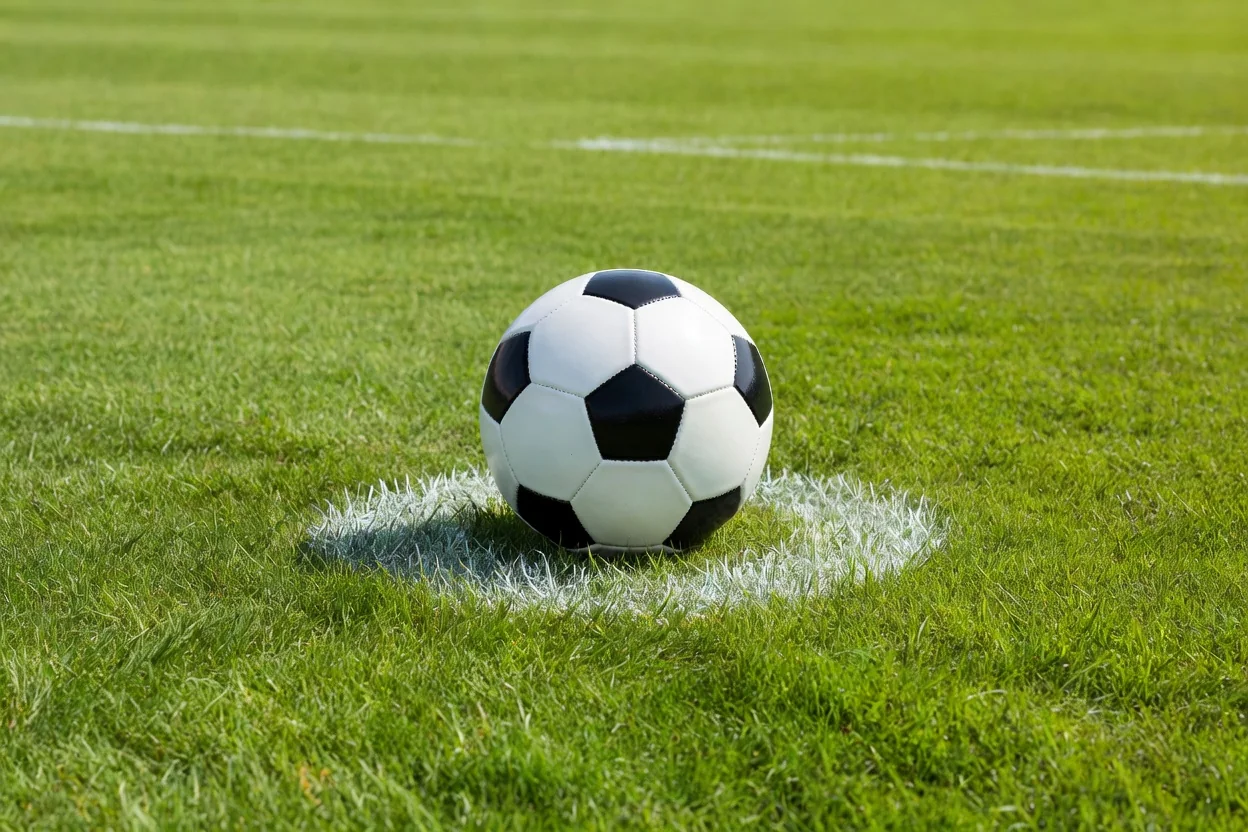 Bola clássica de futebol em preto e branco sobre a marca central de um gramado ensolarado