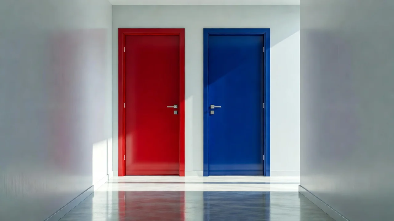 Duas portas de vestiário lado a lado pintadas de vermelho e azul em corredor claro