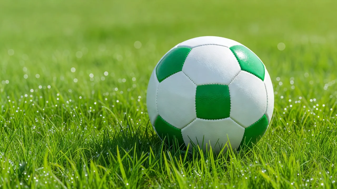 Bola de futebol verde e branca sobre gramado claro, em close