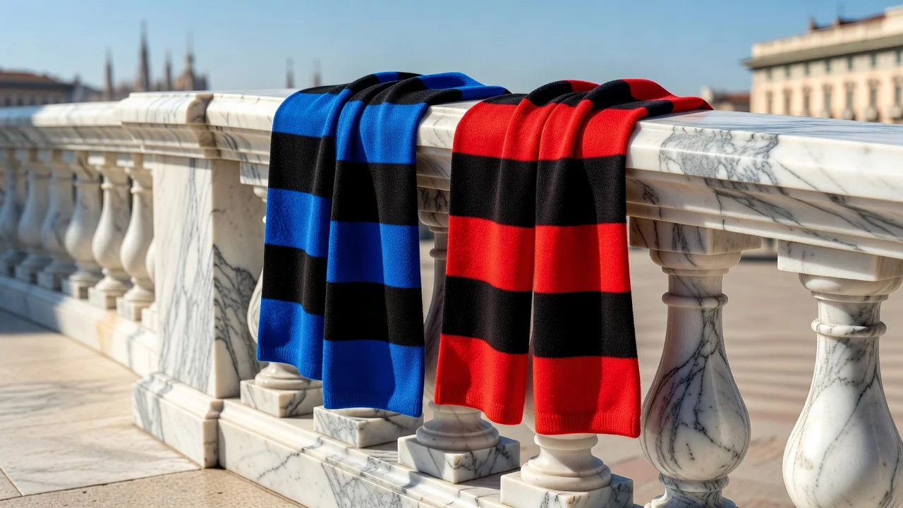 Cachecol listrado azul e preto e cachecol vermelho e preto sobre balaustrada de mármore claro