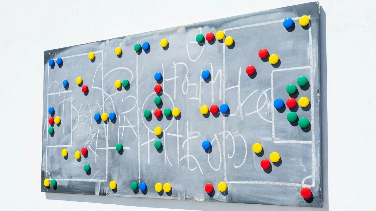 Quadro de tática com ímãs coloridos em parede clara, sem escritas legíveis