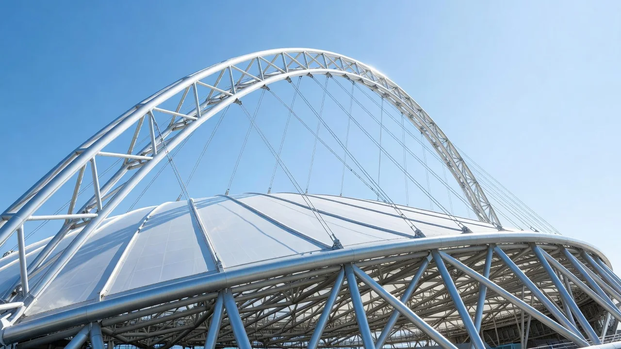 Arco do teto de um grande estádio recortado contra o céu claro, sem pessoas