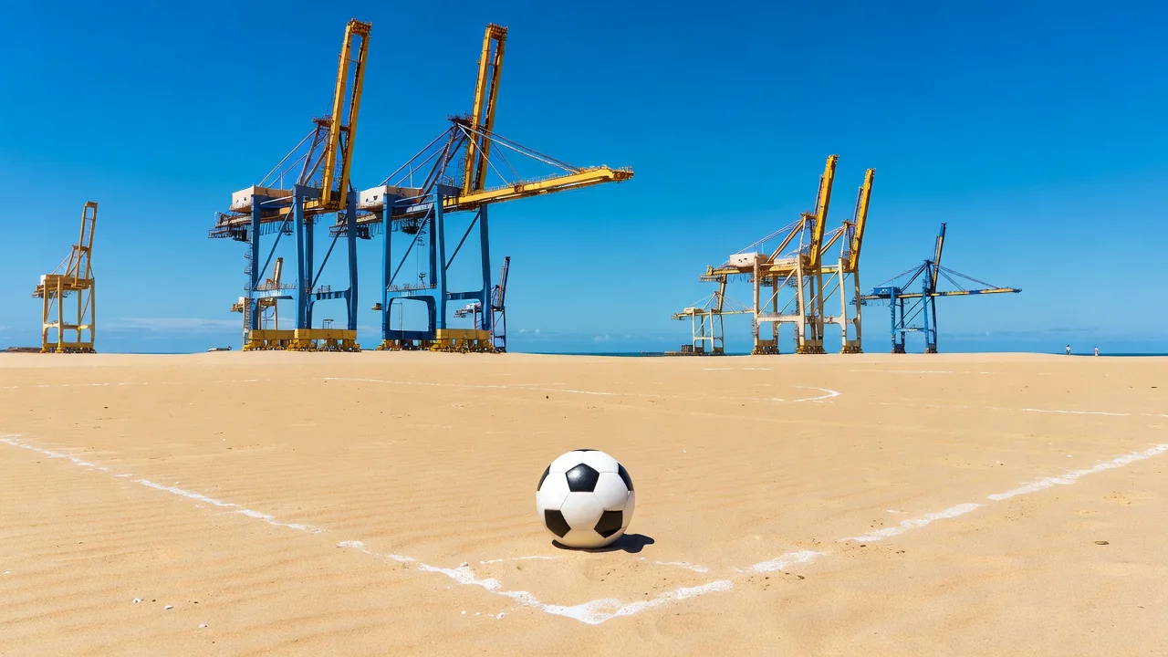 Bola de futebol em campo de areia com os guindastes do porto de Santos ao fundo, sob luz clara